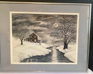 Original Signed BW Winter Scene  Framed