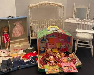 Vintage Penny Brite Doll, Penny Crib W Canopy, Dresser, Highchair, Little Kiddles Klub Dolls