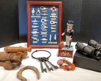 Vintage Nautical Knot Framed, Handcrafted Cannons, Cast Iron Uncle Sam Bank More