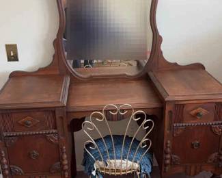 Wood Mirrored Vanity With Four Drawers And Brass Stool
