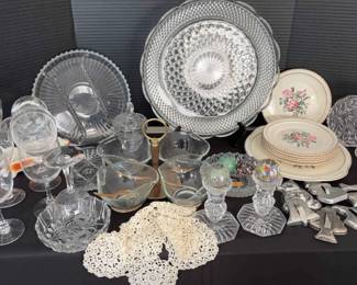 Vintage Party And Pink Dogwood Serving Cake Service, Lead Crystal,Relish Server And More