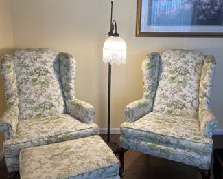 Custom Queen Anne-style Wingback Chairs with matching Ottoman. Victorian Style Fringe Floor Lamp 