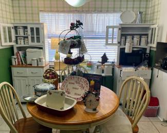 Farmhouse Round Dinette Table & four chairs, Two freestanding Farmhouse cabinets with glass upper storage