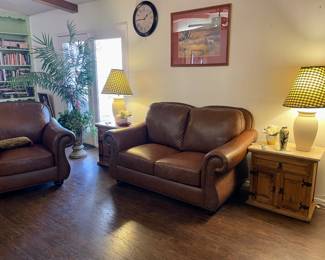 Excellent rustic leather furniture & two side table cabinets with marble tops 