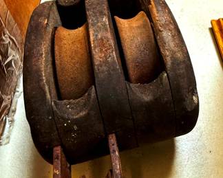 Large Vintage Pulley Double Wood and Cast Iron