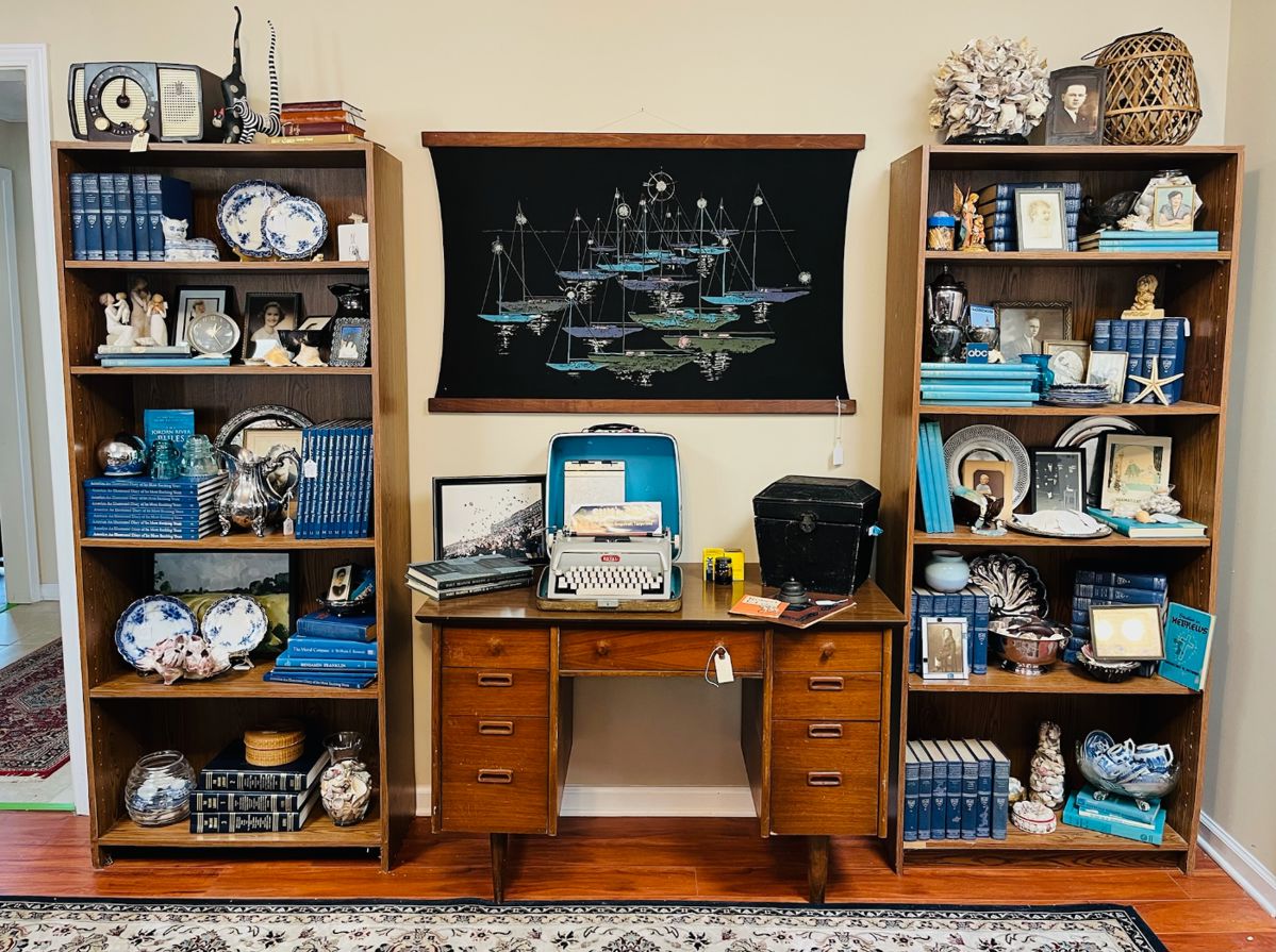 Great MCM Flanders desk, art, book collections, typewriter, old boxes, seashells and silverplate