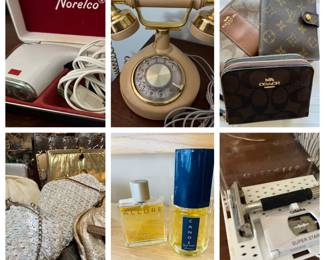 Over 20 vintage phones, vintage purses and Coach wallets.