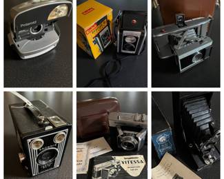 Large selection of vintage cameras and accessories.