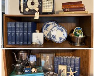 Flow blue China, vintage black and white photos. Book collections including Harvard Classics, 1960 Encyclopedia Britanica, The Junior Classics and Illustrated Family Encyclopedia of the Living Bible to name a few.