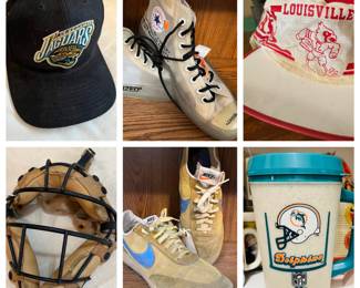 Vintage 1979 Nike sneakers, Dolphins cup, Chuck Taylor Converse All Star Vulcanized sneakers and Jaguars memorabilia. Baseball mask has been removed from the sale.