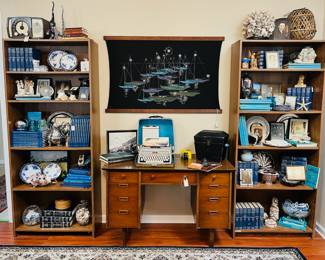 Great MCM Flanders desk, art, book collections, typewriter, old boxes, seashells and silverplate