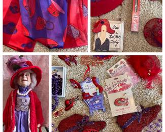 Red Hat Lady collection of scarves, pins and cool doll.