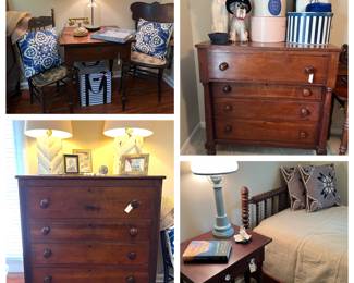 Antique chests of drawers, side tables and twin Jenny Lind beds. Vintage hat boxes and lots of old hats and gloves.