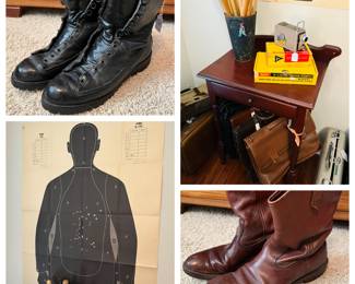 Many briefcases, messenger bags and 2 Halliburton ZERO cases. Boots in excellent condition.