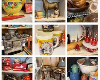 Fun vintage collectibles including a child’s play stove and mini iron skillets. Coca Cola brand items. Baseball shoes have been removed from the sale.