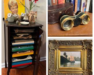 Music cabinet, vintage sheet music and vinyl, binoculars and sailboat art. Owl collection.