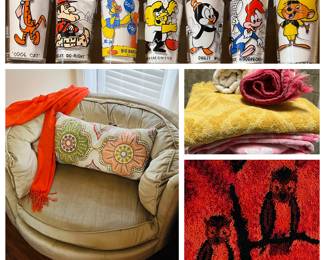 Vintage cartoon glasses, hooked owl art, vintage towels and Hollywood style chair