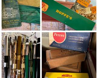 Old bank bags, vintage cardboard ammo boxes, Hoppe’s gun cleaning kits and a variety of collector ink and fountain pens including Mont Blanc, Schaefer and cross brands