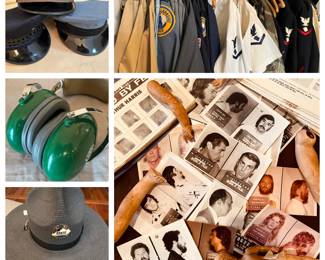 David Clark Ear Defenders and numerous headphones including AKG K240 brand and wire tap amplifier and head phones. Vintage police and Navy uniforms in incredible shape.