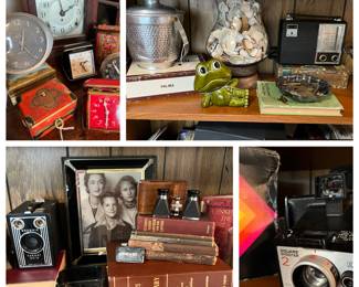 Lots of old clocks and cameras, ashtrays, books and radios.