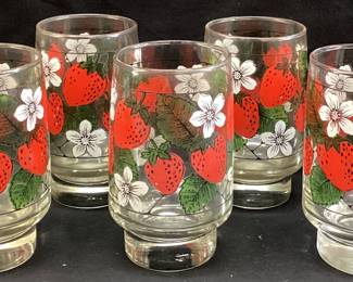 (7) STRAWBERRY DECORATED TUMBLERS, 5’’H