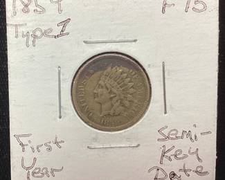 1859 SEMI KEY DATE INDIAN HEAD PENNY, FIRST YEAR, T-1, est. F-15