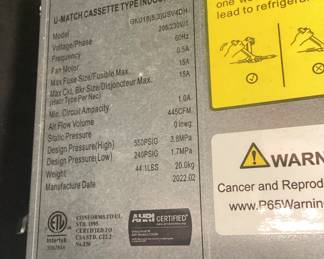 2022 NORTEK GLOBAL HVAC U-MATCH CASSETTE TYPE INDOOR UNIT, MODEL GKU18 (5.3) USD4VH, NEW