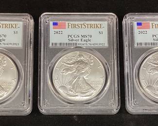 (3) 2022 SILVER AMERICAN EAGLES, MS70 GRADE
