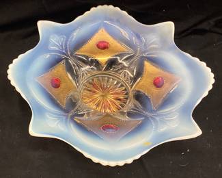 ANTIQUE DUGAN WHITE OPALESCENT WHEEL & BLOCK GOOFUS DISH