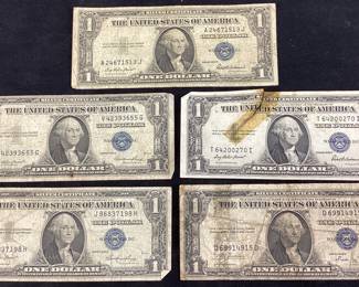 (5) 1935 SERIES 1$ DOLLAR SILVER CERTIFICATES, B, E & F, 1 TORN