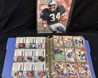 BINDER OF ASSORTED FOOTBALL & BASEBALL CARDS, BECKETT FOOTBALL CARD MAGAZINE, BO JACKSON, LAMAR LATHON, BUBBY BRISTER, CLAY CARROLL, DON SUTGON, STEVE MURA
