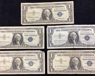(5) BLUE SEAL $1 DOLLAR SERIES 1957 SILVER CERTIFICATES, 1957 A & B