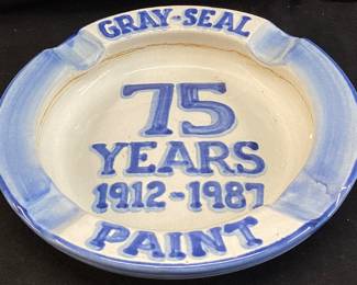 SIGNED M.A. HADLEY HAND PAINTED 75 YEARS AGO OF GRAY SEAL PAINT ASH TRAY, 8’’W