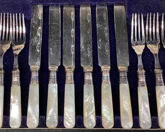 VTG. MOTHER OF PEARL CASED FLATWARE SET, 6 FORKS & 6 KNIVES