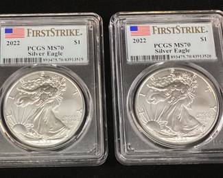(2) 2022 SILVER AMERICAN EAGLES, MS70 GRADE