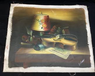 SIGNED L. HABODY OIL ON CANVAS VIOLIN ON DESK w BOOKS STILL LIFE PAINTING