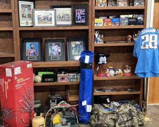 ASSORTED SHELF LOT SPORTS PHOTOS, STAR TREK CD SETS, CAMO, DISNEY, WALKING DEAD COMIC SET, EVENT FOLDING CHAIR, WAGNER SPRAY GUN, LIGHTED PLANT