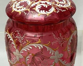 ENAMELED CRANBERRY GLASS BISCUIT JAR, 9.5’’H
