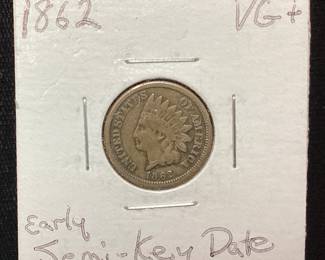 1862 EARLY SEMI-KEY DATE INDIAN HEAD PENNY, est VG+