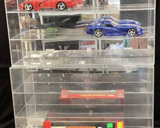 CAR DISPLAY SHOWCASE, w RACING CHAMPIONS LANCE TRUCK, 2 TOY CARS