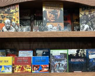 ASSORTED SHELF LOT SPORTS PHOTOS, STAR TREK CD SETS, CAMO, DISNEY, WALKING DEAD COMIC SET, EVENT FOLDING CHAIR, WAGNER SPRAY GUN, LIGHTED PLANT