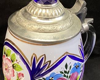 BOHEMIAN BLUE CUT TO CLEAR STEIN, 7’’H