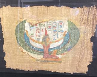 EGYPTIAN PAPYRUS SCROLL WINGED GODDESS, FRAMED
