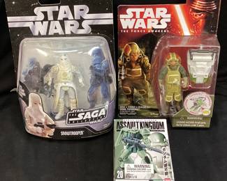(3) NIB ACTION FIGURES, STAR WARS EMPIRE STRIKES BACK SNOW TROOPER, THE FORCE AWAKENS EDAD, ASSAULT KINGDOM ZAKU II