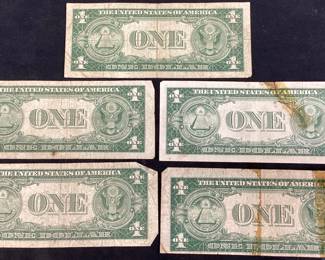 (5) 1935 SERIES 1$ DOLLAR SILVER CERTIFICATES, B, E & F, 1 TORN
