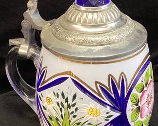 BOHEMIAN BLUE CUT TO CLEAR STEIN, 7’’H