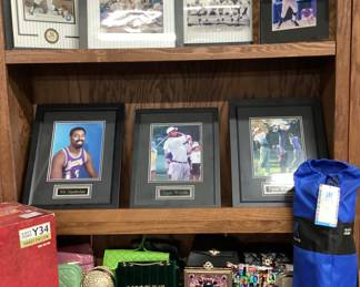 ASSORTED SHELF LOT SPORTS PHOTOS, STAR TREK CD SETS, CAMO, DISNEY, WALKING DEAD COMIC SET, EVENT FOLDING CHAIR, WAGNER SPRAY GUN, LIGHTED PLANT