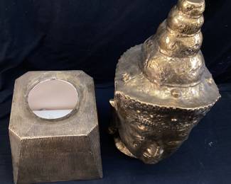 GOLD TONE BUDDHA BUST & BASE, 27’’H