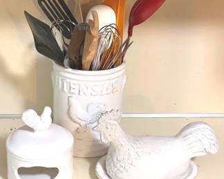 61 - Rooster Dishes, Crock, & Utensils
