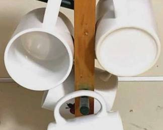 64 - 4 Mugs & Wood Stand - 15" Tall